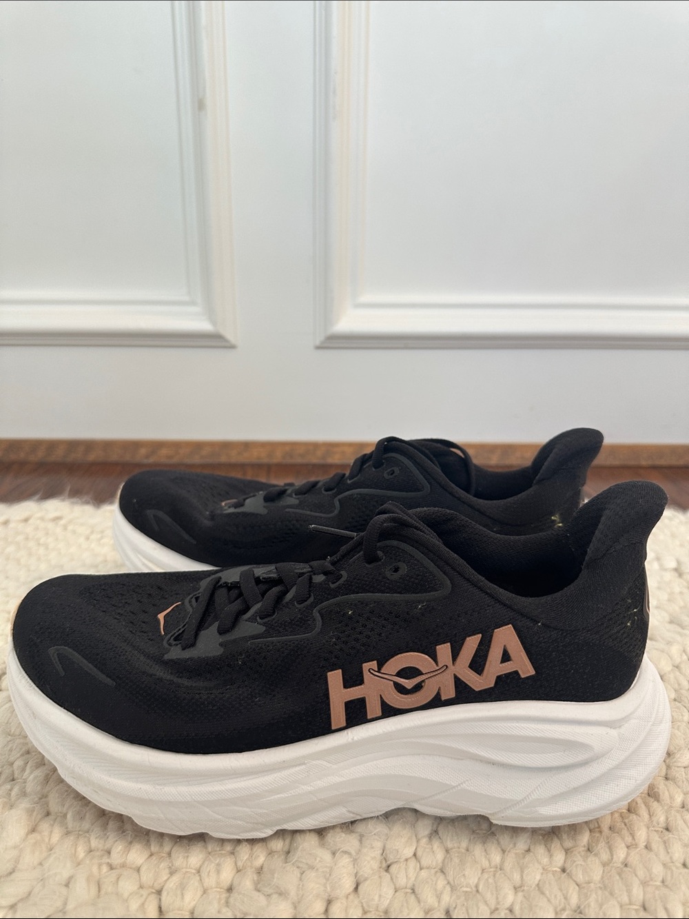 Hoka Clifton Women's Black Running Shoes with Rose Gold Logo